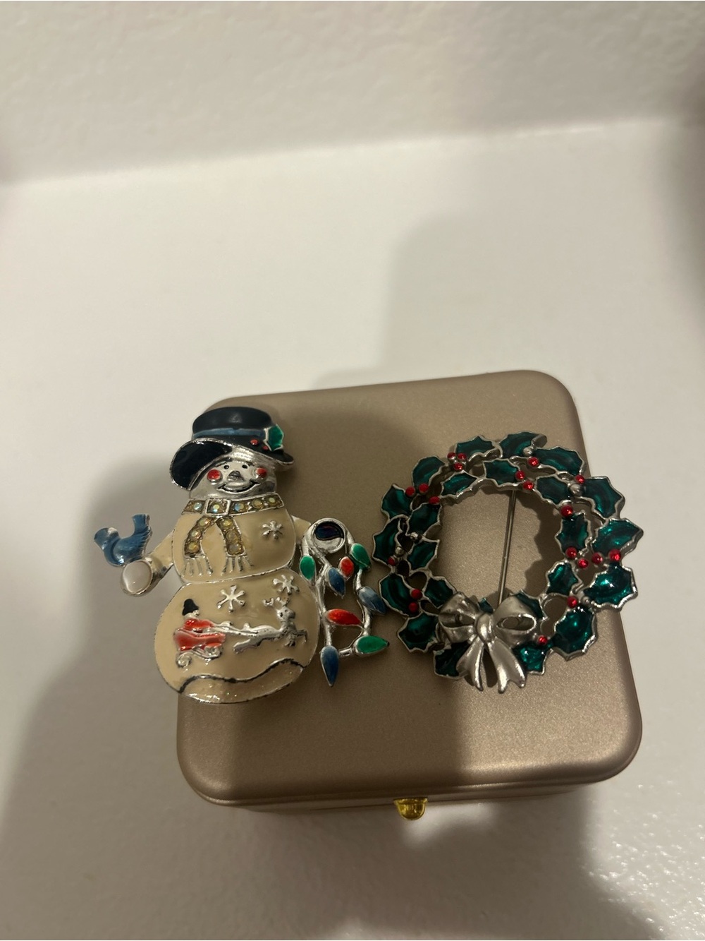 Holiday Snowman and Wreath Enamel Brooch Set - Festive Green, Red, Blue
